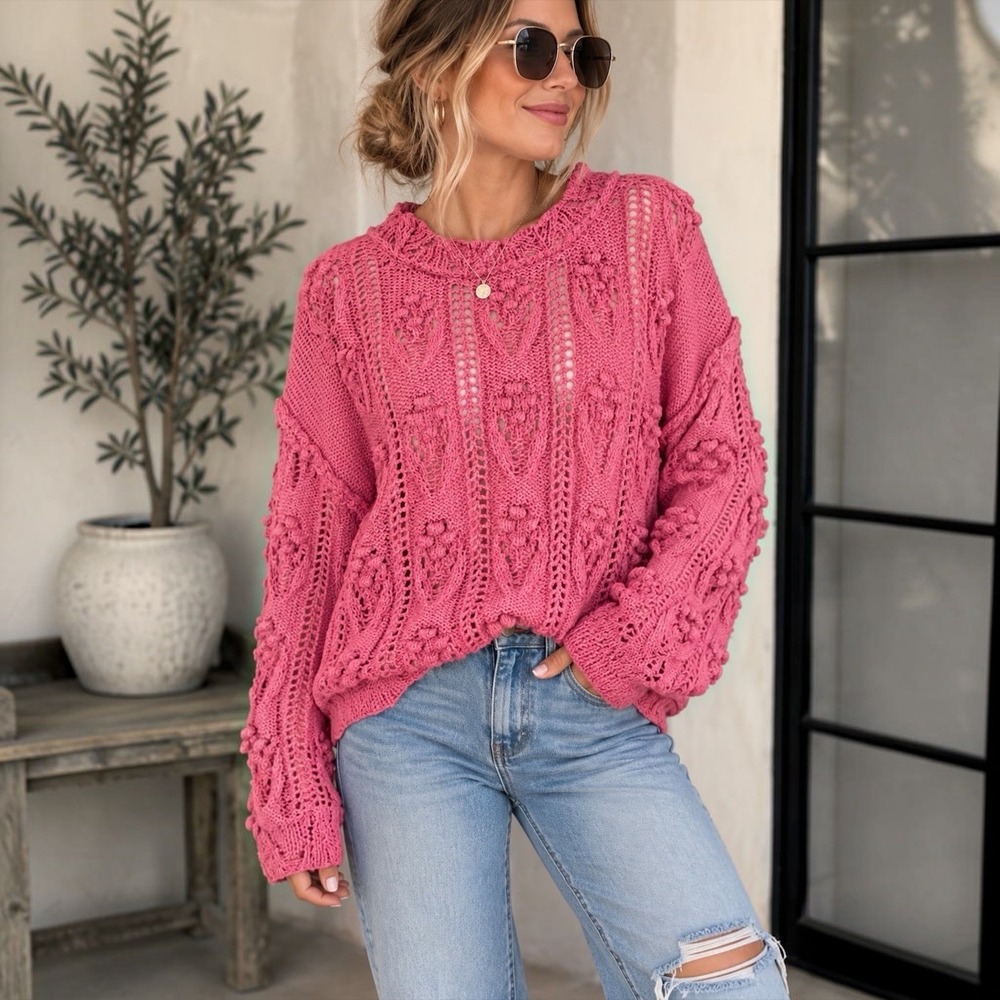 POL Pink Crochet Open Knit Textured Bobble Boho Sweater Pullover